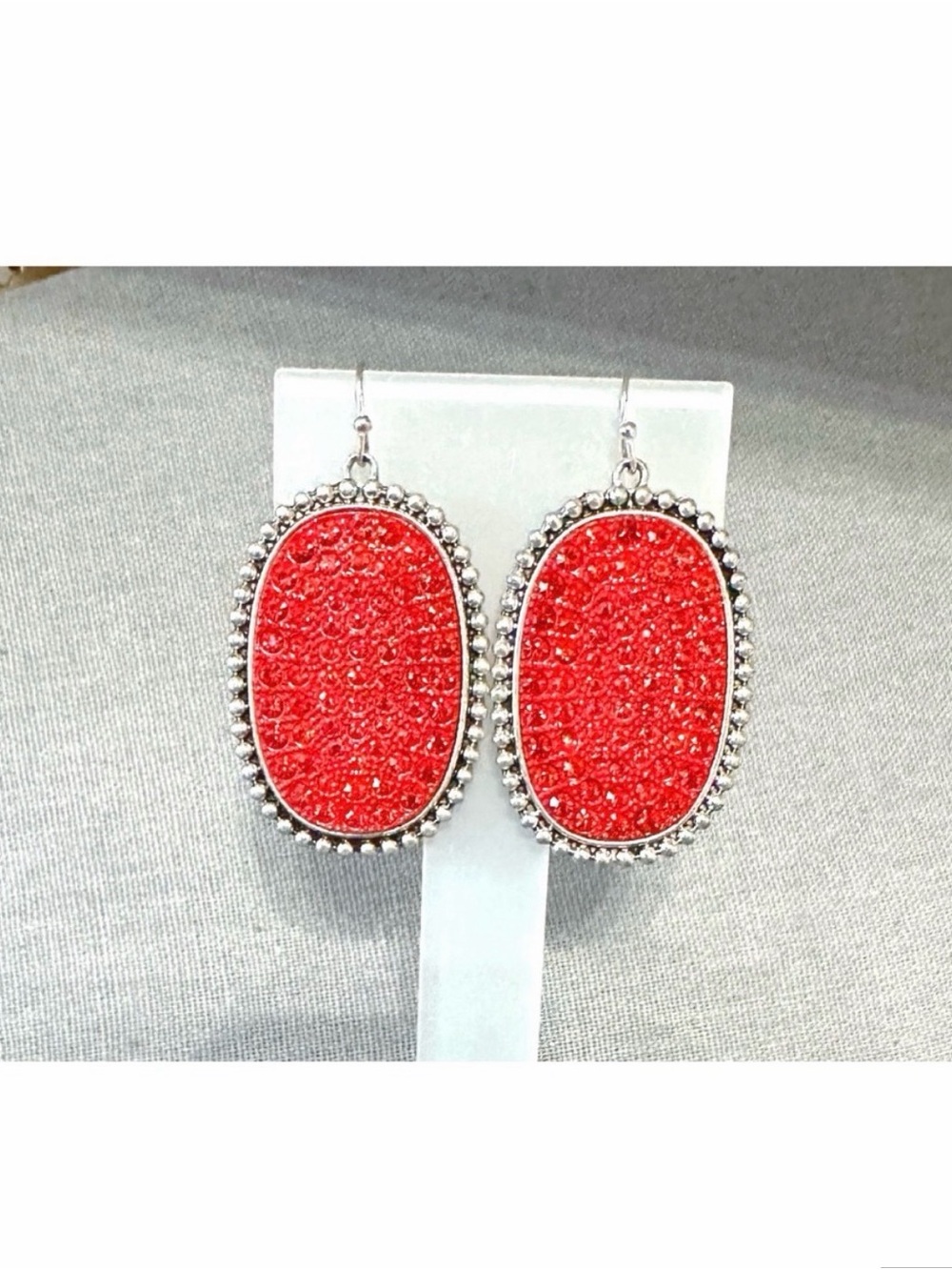Silver-Trim Red Oval Druzy Drop Earrings